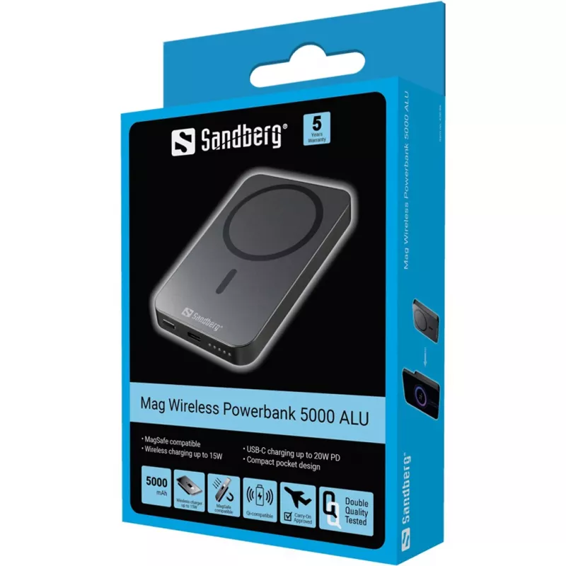 Tragbare Powerbank Sandberg Mag Wireless Powerbank 5000 ALU, 5000 mAh