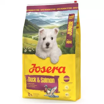 Trockenfutter für Hunde JOSERA Mini Junior Duck & Salmon 900 g — für Welpen kleiner Rassen, Protein 29%, Fett 18%