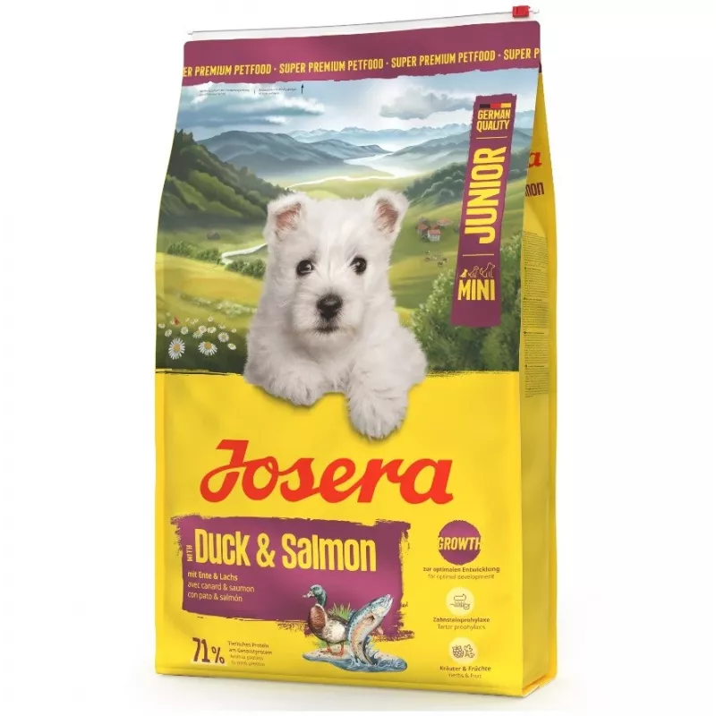 Trockenfutter für Hunde JOSERA Mini Junior Duck & Salmon 900 g — für Welpen kleiner Rassen, Protein 29%, Fett 18%