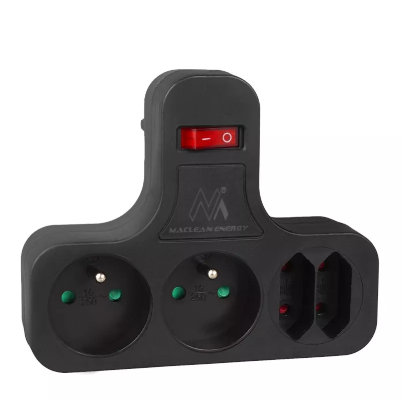 Maclean Stromsteckdose, Vierfach mit Schalter, Stabilisierungsfuß, Typ E, 2x2,5A, 2x16A, MCE224 E/B