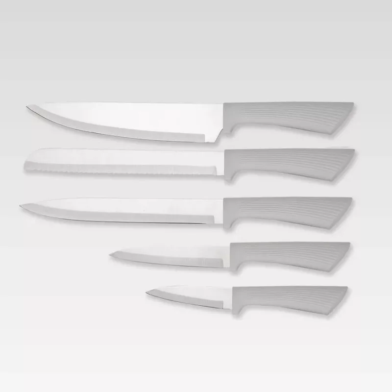 Messer-Besteckset Maestro MR-1413-Grau – 8-teilig, Edelstahlklingen, graue Griffe, enthält Kochmesser, Brotmesser, Schneidemesser, Universalmesser, Schälmesser, Sparschäler, Schneidebrett, Küchenpapierhalter