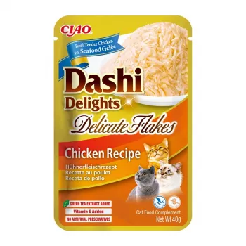 Nassfutter-Leckerli INABA Dashi Delights Delicate Flakes Huhn 40 g – diätetisch, 86 % Feuchtigkeit, 12 % Protein