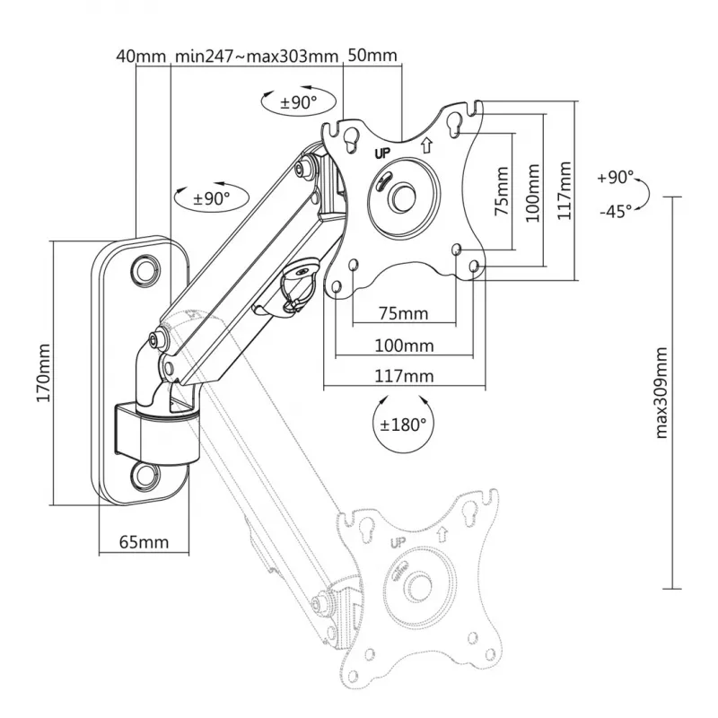 Wandmonitorhalterung MACLEAN MC-458, Gasdruckfeder höhenverstellbar, Einzelbildschirm, VESA 75x75–100x100, bis 7 kg, Neigung -45°–90°, max. Ausladung 35,5 cm