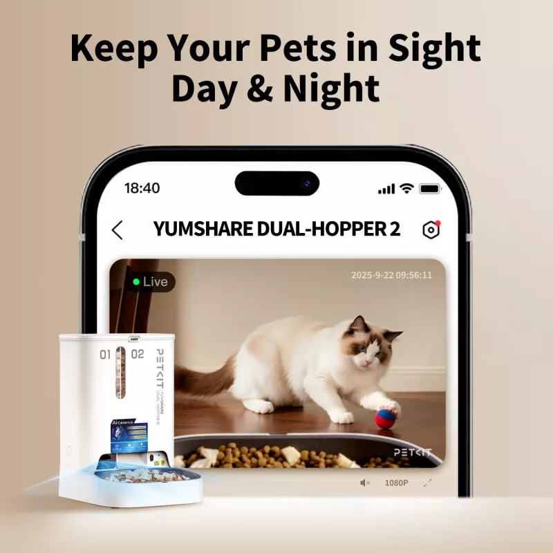 Automatischer Futterspender PETKIT YumShare Dual-hopper 2 mit Kamera, 5 L Kapazität, ABS und Edelstahl 304, Weiß