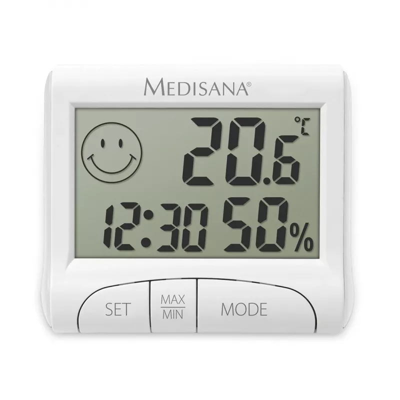Elektronisches Innen-Hygrometer Medisana HG 100 — Digitales Thermometer, Luftfeuchte 20–90 %, Temp -10–50 °C, Tischdisplay, Batterie AAA