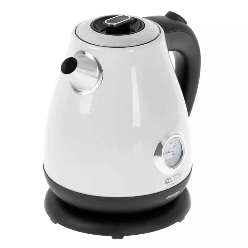 Wasserkocher Camry CR 1344 — 1,7 l, 2200 W, Edelstahl, integriertes Thermometer, 360°-Basis, weiß