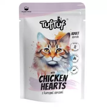 Nassfutter für Katzen TufTuf TUF TUF mit Hühnerherzen, 100 g Beutel, Alleinfuttermittel für ausgewachsene Katzen