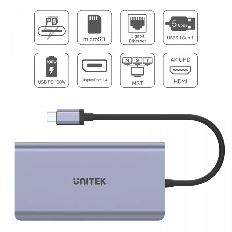 Hub UNITEK uHUB S7 USB 3.2 Gen 1 Type-C Grau
