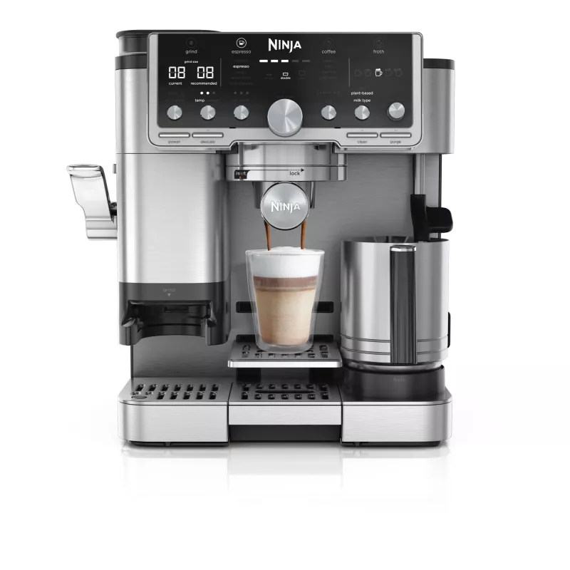 Espressomaschine Ninja ES701EU – halbautomatischer Kaffee/Espresso, integrierte Mühle, 2 l Wassertank, 1650 W, 25 Mahlgradeinstellungen, Milchbehälter, 14-bar-Pumpe
