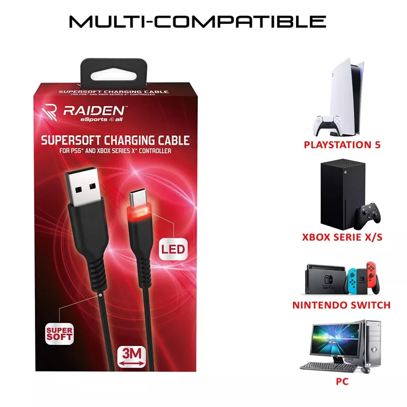 USB-C-Ladekabel SUBSONIC SA5601 3 m – Kompatibel mit PS5, Xbox, Nintendo Switch