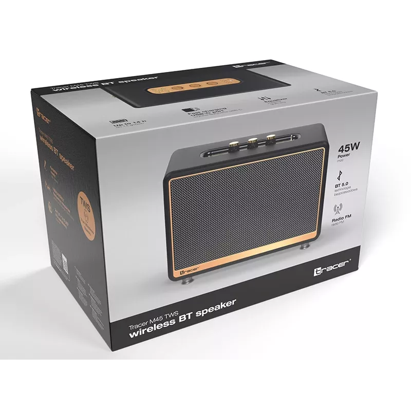 Tragbarer Stereolautsprecher TRACER M45 Schwarz — Bluetooth 5.0, 45 W RMS, UKW-Radio, eingebautes Mikrofon, batteriebetrieben