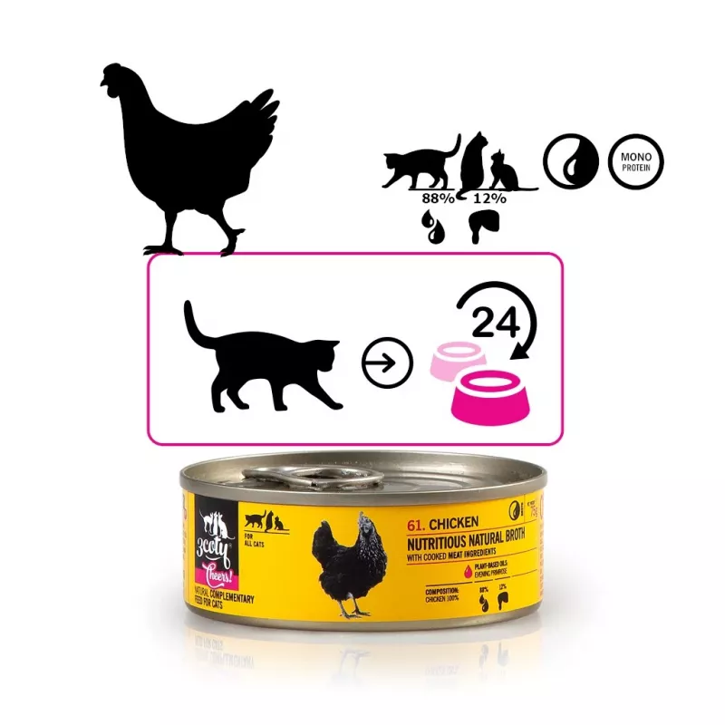 Nassfutter für Katzen 3coty Chicken Cheers 75 g — Alleinfuttermittel für ausgewachsene Katzen, Einzelportion, 12 % Protein, 7,5 % Fett, 80 % Feuchtigkeit