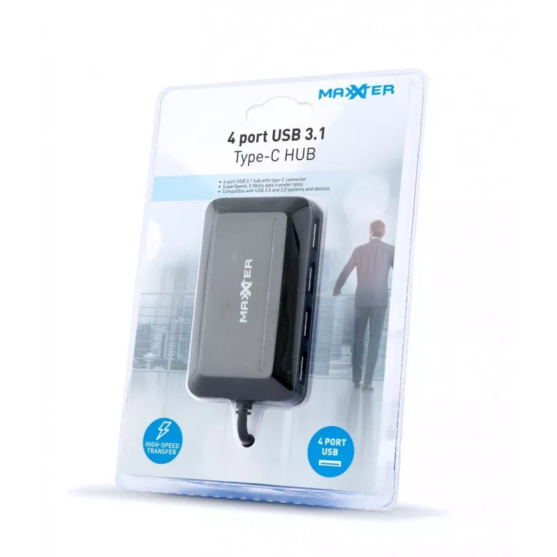 USB Hub GEMBIRD ACT-HUB3C-4P — USB 3.2 Gen 1 Type-A Host zu 4 × USB 3.2 Gen 1 Type-C, 5000 Mbit/s, schwarz