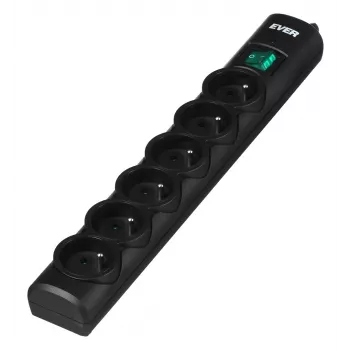 Mehrfachsteckdose EVER Optima 3 m Kabel, 6 AC-Steckdosen, 250 V, 10 A, Überspannungsschutz 175 J, schwarz