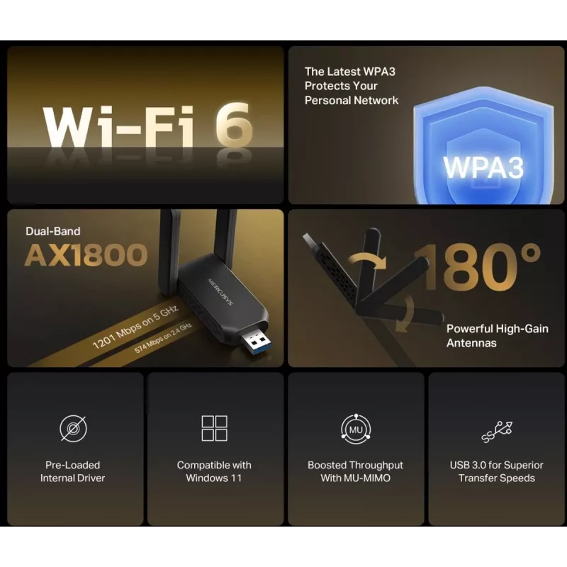 Wi‑Fi USB Adapter MERCUSYS MA72XH AX1800 mit High‑Gain Antennen, USB‑A Plug‑and‑Play