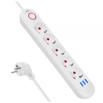 Mehrfachsteckdose MACLEAN MCE395 W — 5 Steckdosen, 3× USB A, 110–240 V AC, 2,1 A USB, max. 2500 W, weiß, 1,5 m Kabel