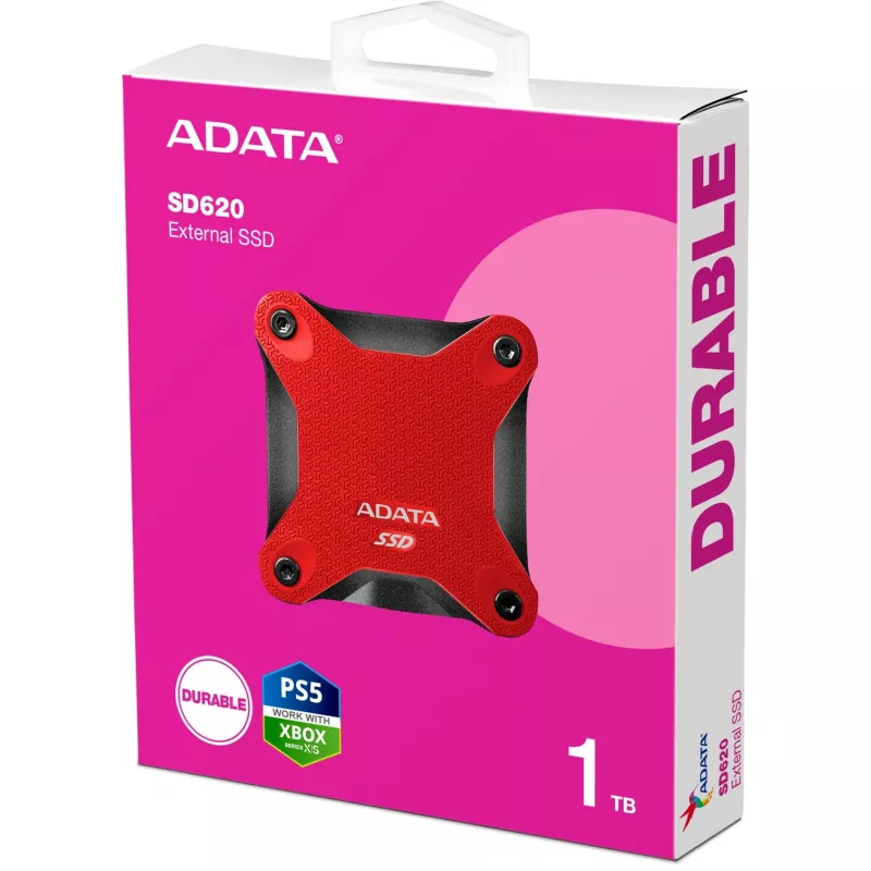 Externe SSD ADATA SD620 1 TB, tragbar USB 3.2 Gen 2 (Micro-USB B), Lesegeschwindigkeit 520 MB/s, Schreibgeschwindigkeit 460 MB/s, stoßfest, Rot
