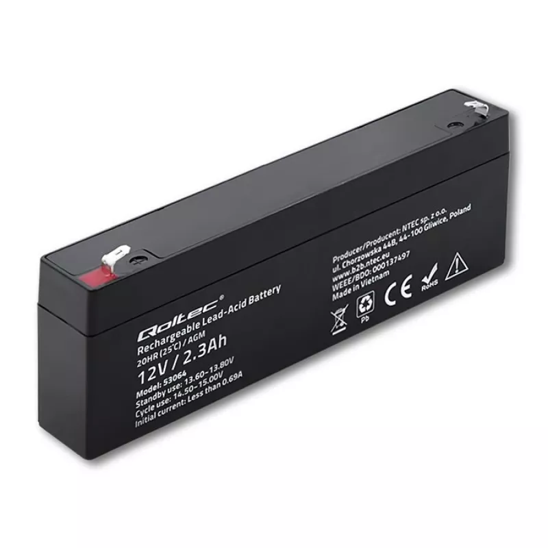 Versiegelte AGM-Batterie QOLTEC 12V 2,3Ah für USV- und Backup-Systeme, max. Entladung 34,5A