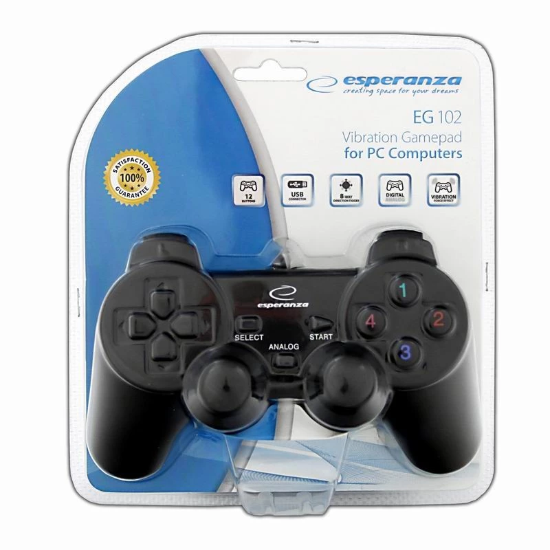 Gamepad ESPERANZA EG102 kabelgebunden USB 2.0, PC/PlayStation 3-Unterstützung, D-pad, Vibration, Schwarz