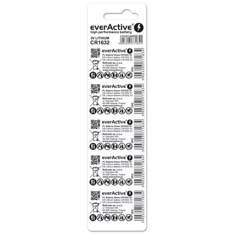 Batterie everActive CR1632 Lithium-Einweg-Knopfzelle 3 V — 5 Stück, 16 mm × 3,2 mm