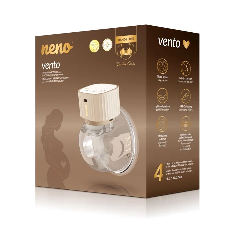 Elektronische kabellose Milchpumpe neno VENTO Three-Phase, wiederaufladbar, tragbar, LCD-Anzeige, 150 ml Flasche, BPA-frei, beige