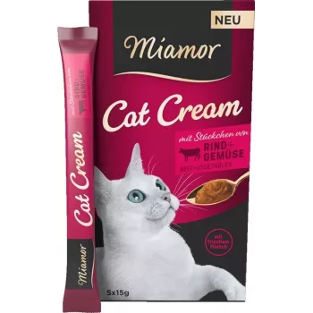 Nasskatzenleckerli Miamor MIAMOR Cat Cream Beef 5×15 g — Pastentuben, 6×15 g, ausgewachsene Katzen, Feuchtigkeit 87%