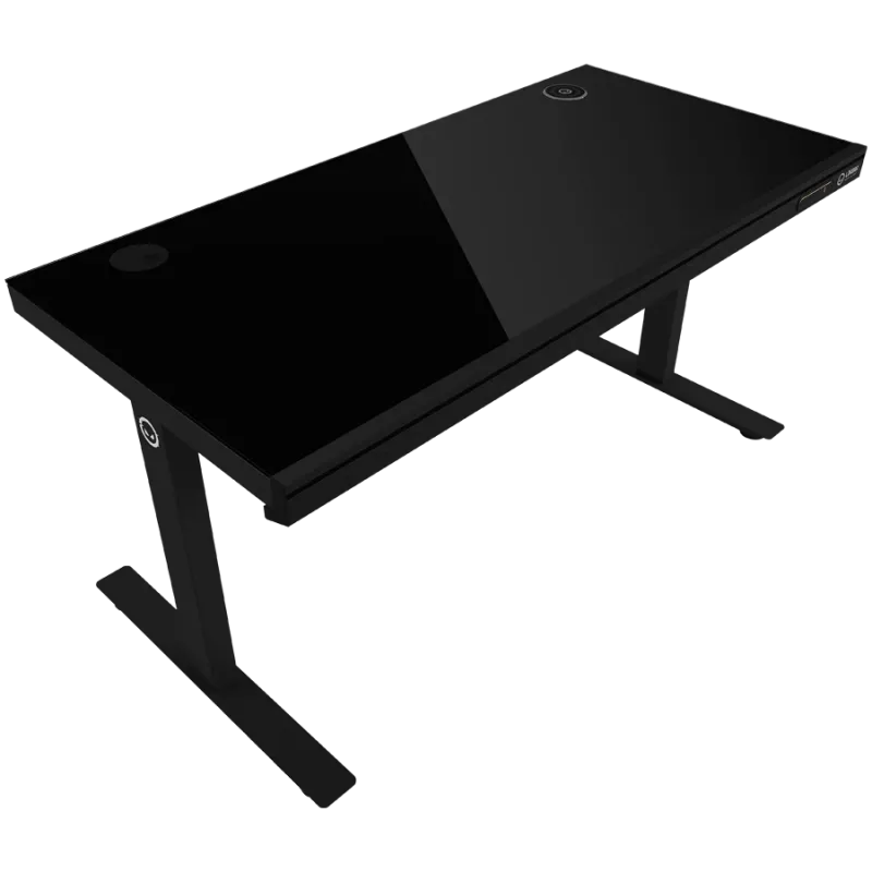 Höhenverstellbarer Gaming-Schreibtisch mit zwei Motoren, Sitz-/Stehfunktion, kabellosem Ladegerät, RGB-Beleuchtung, Bedienfeld und USB-Anschlüssen, Tischplatte aus gehärtetem Glas, schwarz