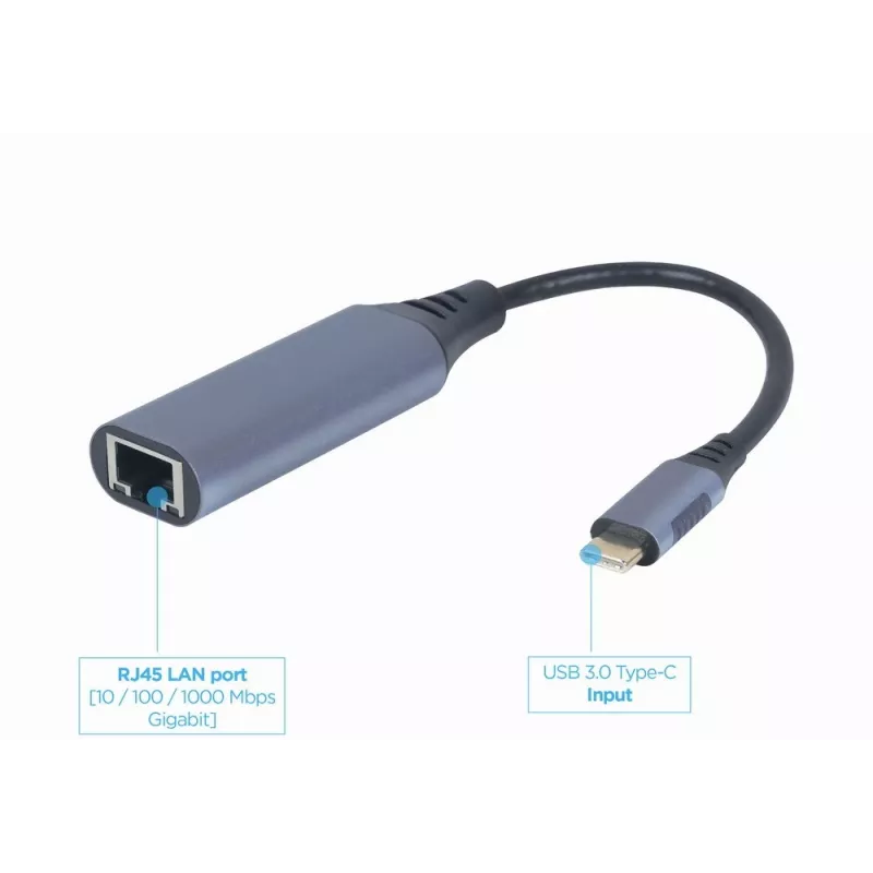 Netzwerkadapter Gembird A-USB3C-LAN-01 Type-C USB 3.2 Gen 1, Gigabit RJ-45, 0,15 m Kabel, Metallgehäuse, grau/schwarz