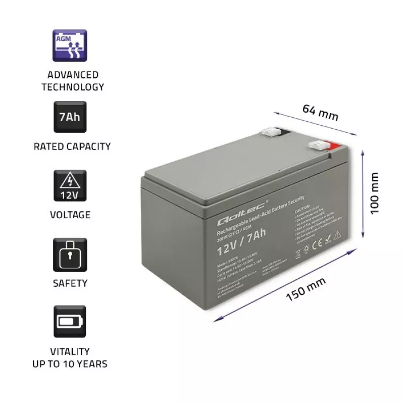 Qoltec 53076 AGM-Batterie | 12V | 7Ah | Sicherheit