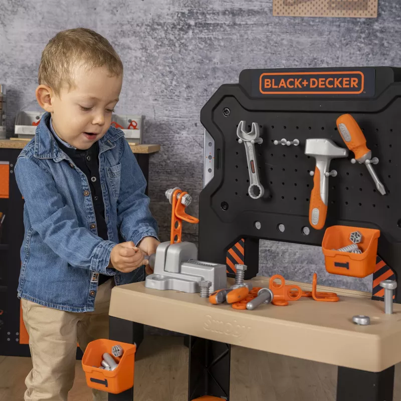 Kinder-Spielwerkbank SMOBY Schwarz & Decker Modell 2025 mit Werkzeugen und Zubehör