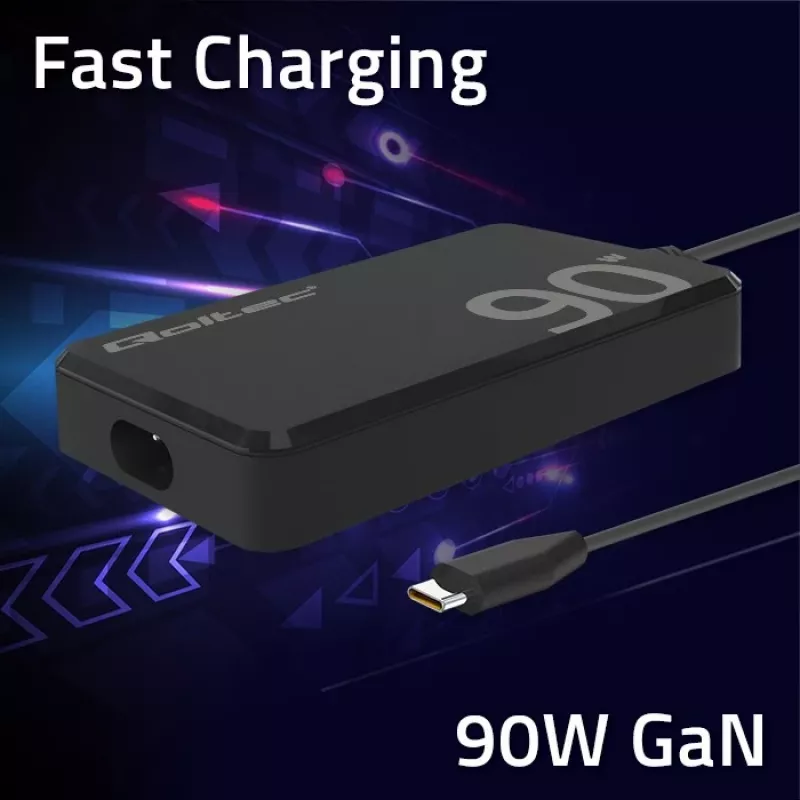 Qoltec 90W GaN Super Fast SLIM Wandladegerät | XP | 5-20V | 4,5A | USB-C 3.1 | Laptop | MacBook | Smartphone | + Kabel
