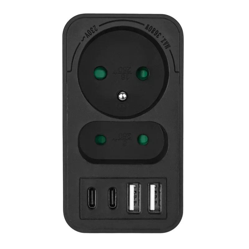 Power Splitter MACLEAN MCE249 F/B – 2 AC-Steckdosen (16A + 6A) mit 2×USB-A und 2×USB-C PD 20W, EU-Stecker, schwarz