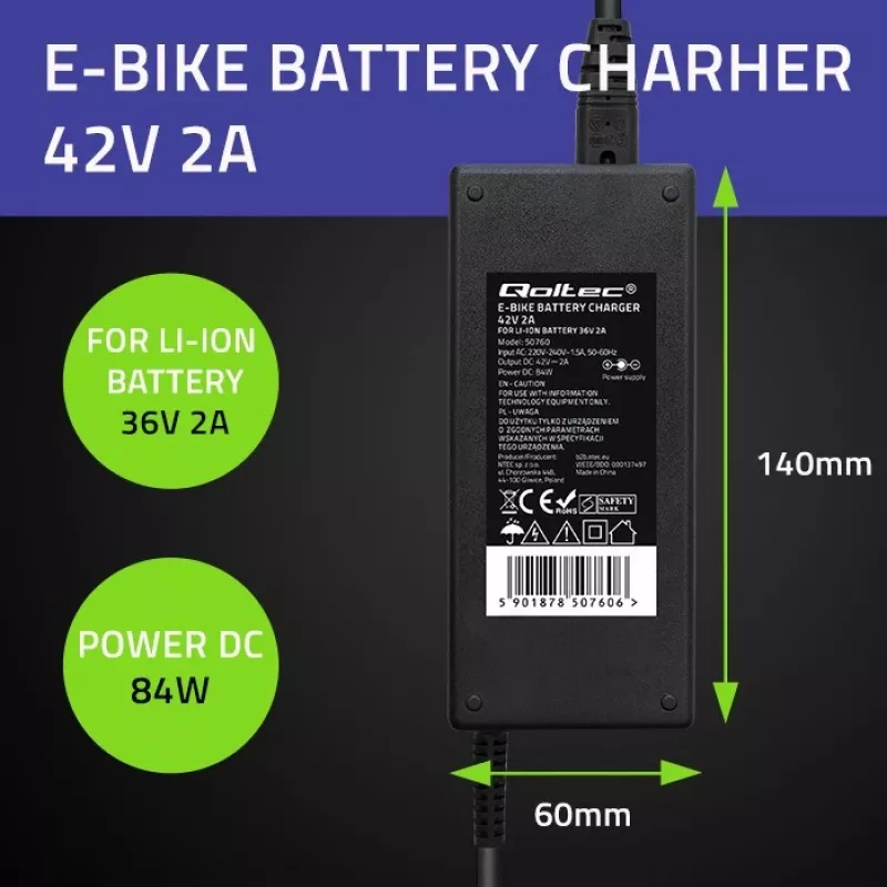 Qoltec 50761 Ladegerät für E-Bike-Akkus 36V | 42V | 2A | 5,5*2,5