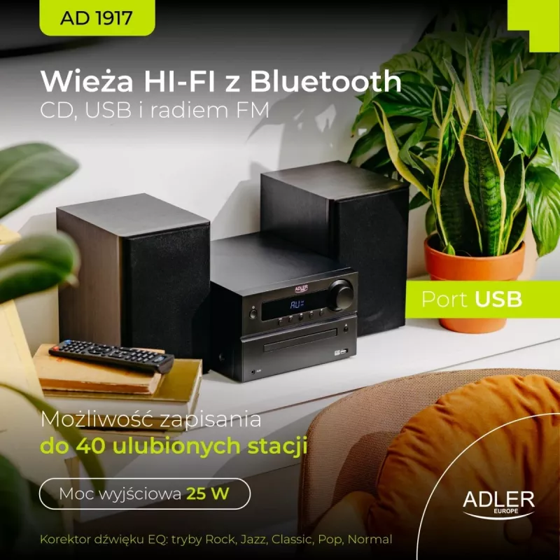 Mini Hi‑Fi Stereo System Adler AD 1917 — Bluetooth V5.3, CD/USB/MP3, 2×25 W RMS, UKW-Tuner, 4‑Band-Equalizer, AUX, Schwarz
