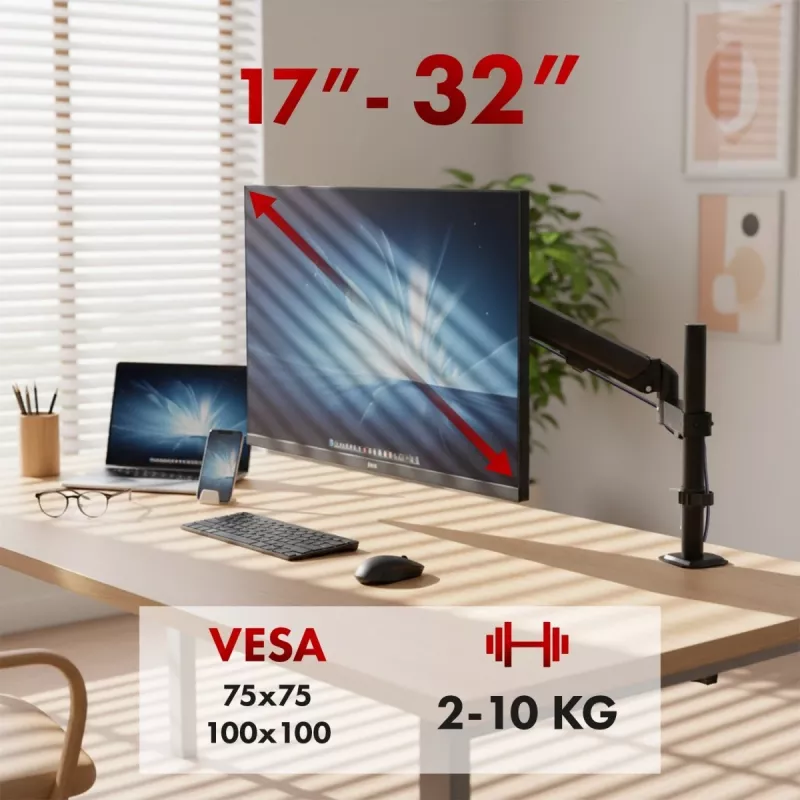 Monitorhalterung MACLEAN MC-135 Gasdruckfeder für 17-Zoll–32-Zoll-Bildschirme, Belastung 2–10 kg, schwarz