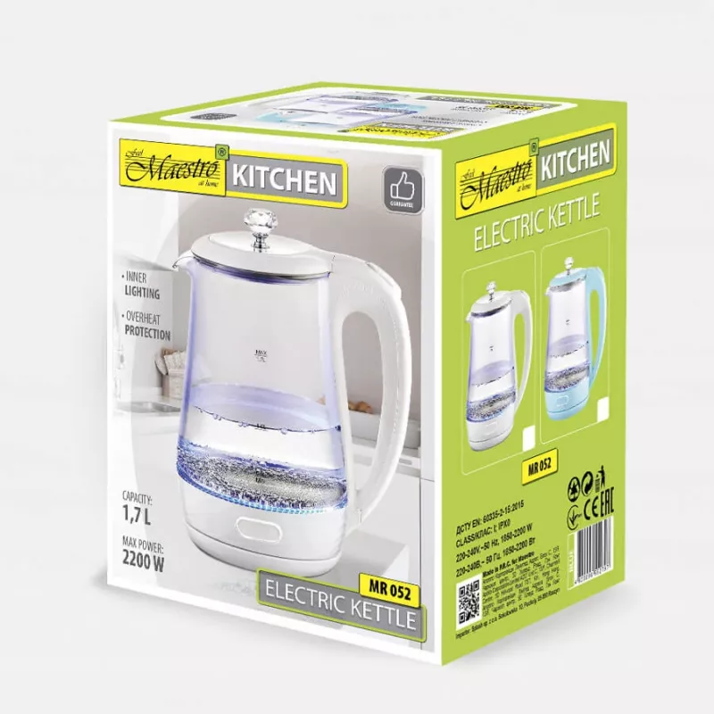 Elektrischer Wasserkocher Maestro MR 052 BL — 1,7 l, 2200 W, durchscheinendes Weiß, 360°-Basis, verdecktes Heizelement
