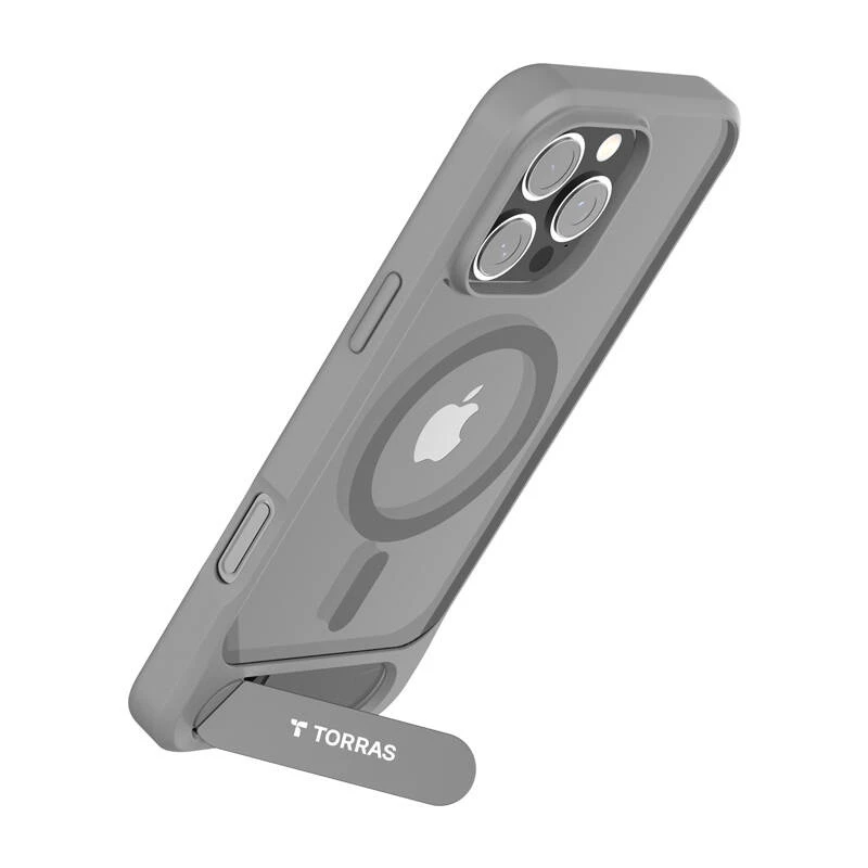 Schutzhülle Torras Pstand Series für iPhone 16 Pro Max, grau, schlankes Profil mit integriertem Ständer
