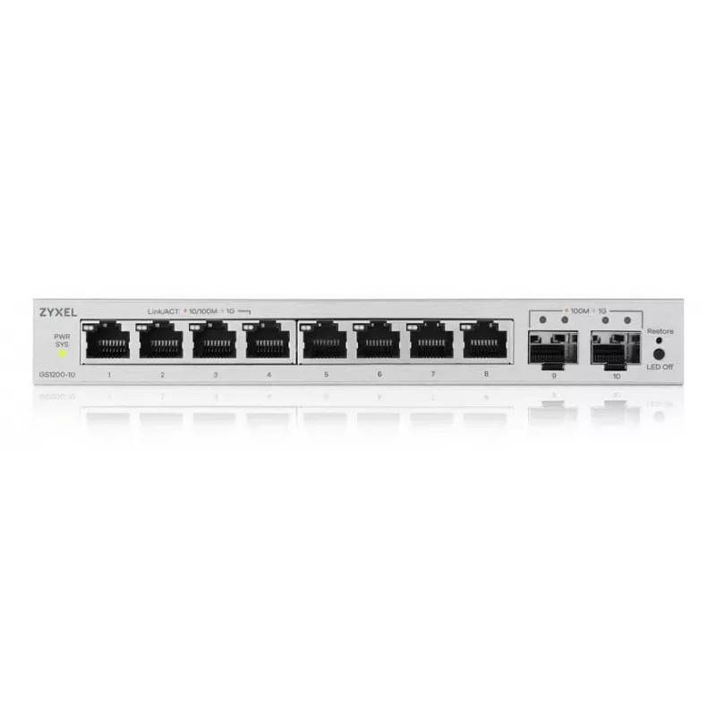 Managed L2 Gigabit Switch Zyxel GS1200-10v3 — 8x Gigabit (10/100/1000), 20 Gbps, MAC 4000, Desktop, grau
