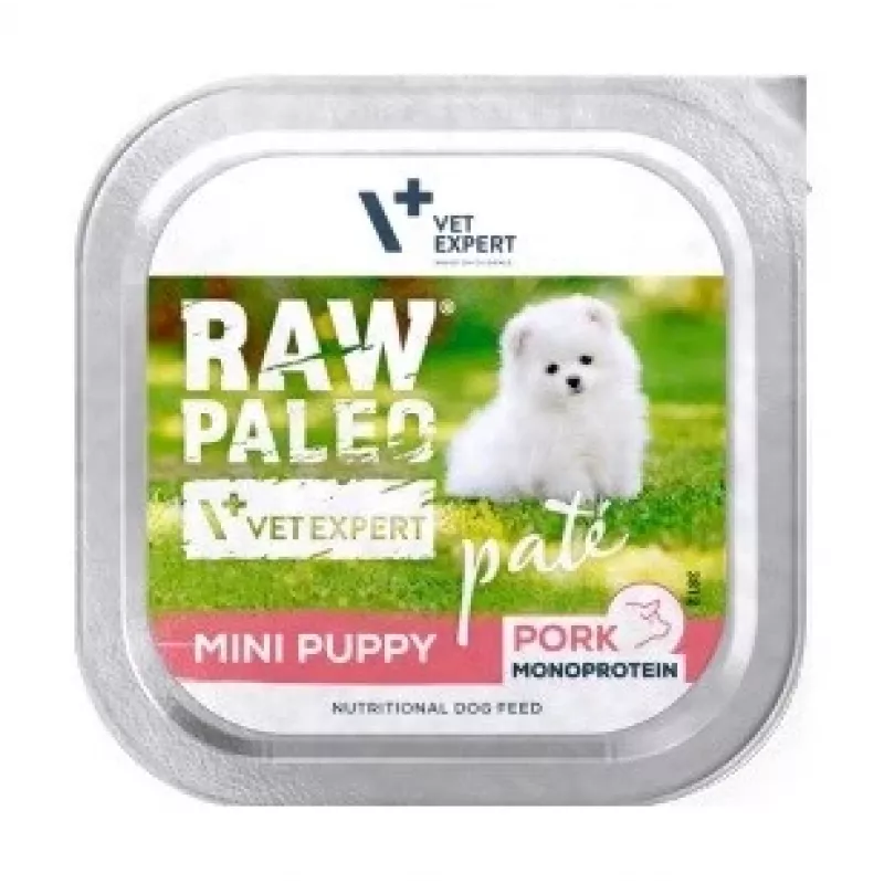 Nassfutter für Hunde VETEXPERT RAW PALEO Pâte Mini Puppy Pork 150 g — vollwertiges getreidefreies Nassfutter für Welpen kleiner Rassen