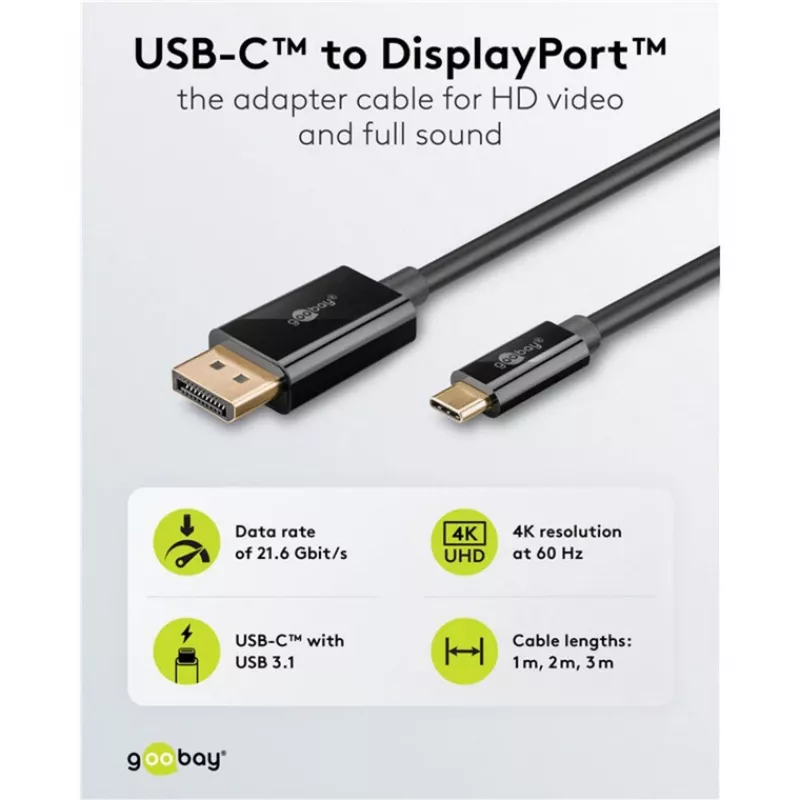 Goobay USB-C auf DisplayPort Kabel – vergoldete Stecker, Ultra HD Auflösungen bis zu 4K @ 60 Hz, Typ C Thunderbolt 3/4 zu DP Adapter kompatibel mit