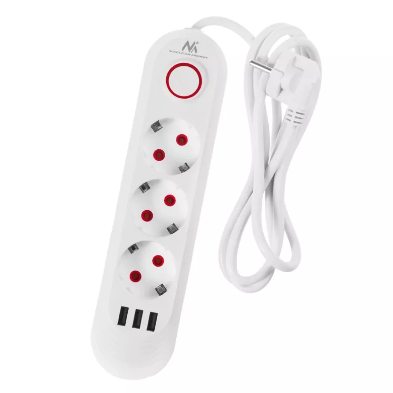 Steckdosenleiste MACLEAN MCE394W — 3 Steckdosen, 3×USB 2,1A, 110–240V AC, 2500W, 1,5 m Kabel, weiß