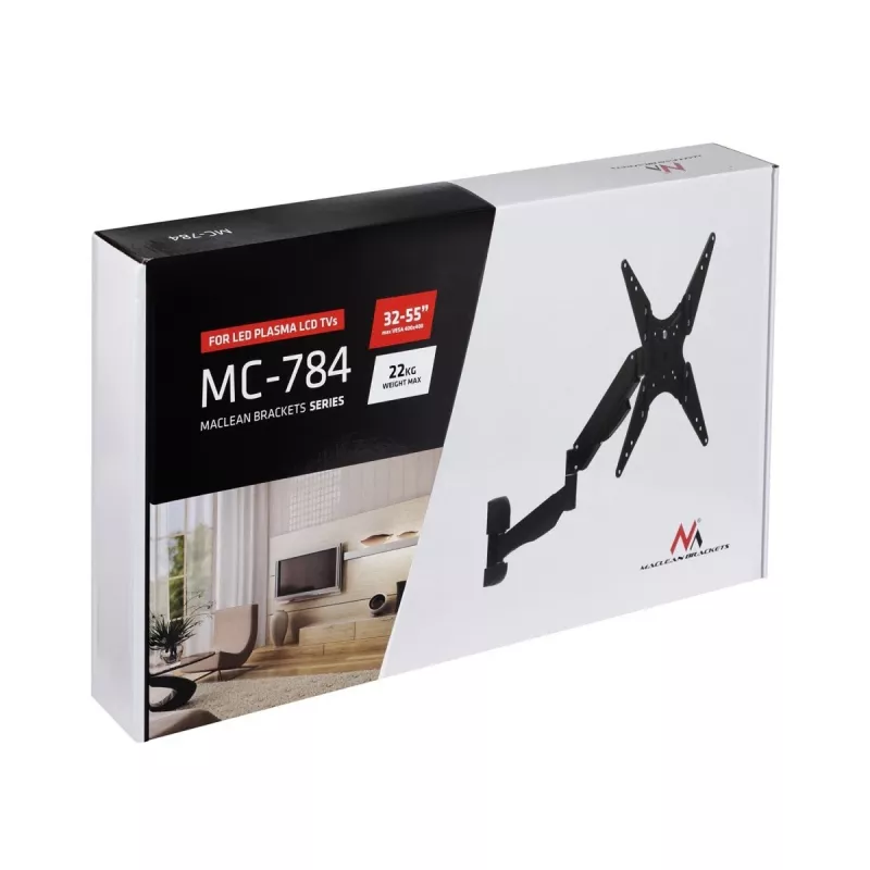 TV-Gasdruckfederhalterung MACLEAN MC-784 für 32–55 Zoll Fernseher, einstellbare Neigung und Höhe, max. Belastung 21 kg, Wandmontage, schwarz