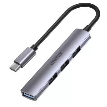 USB-C-Hub Unitek H1208B — 1x USB-A 5 Gbit/s, 3x USB-A 2.0, USB-C-Host, Aluminiumgehäuse, 0,20 m Kabel
