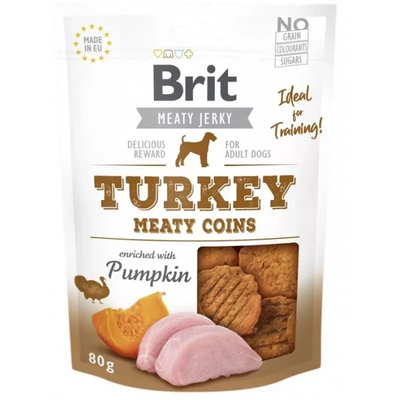 Brit Jerky Turkey Meaty Coins 200 g – funktioneller Trainingssnack für erwachsene Hunde, Protein 33%, Fett 22%