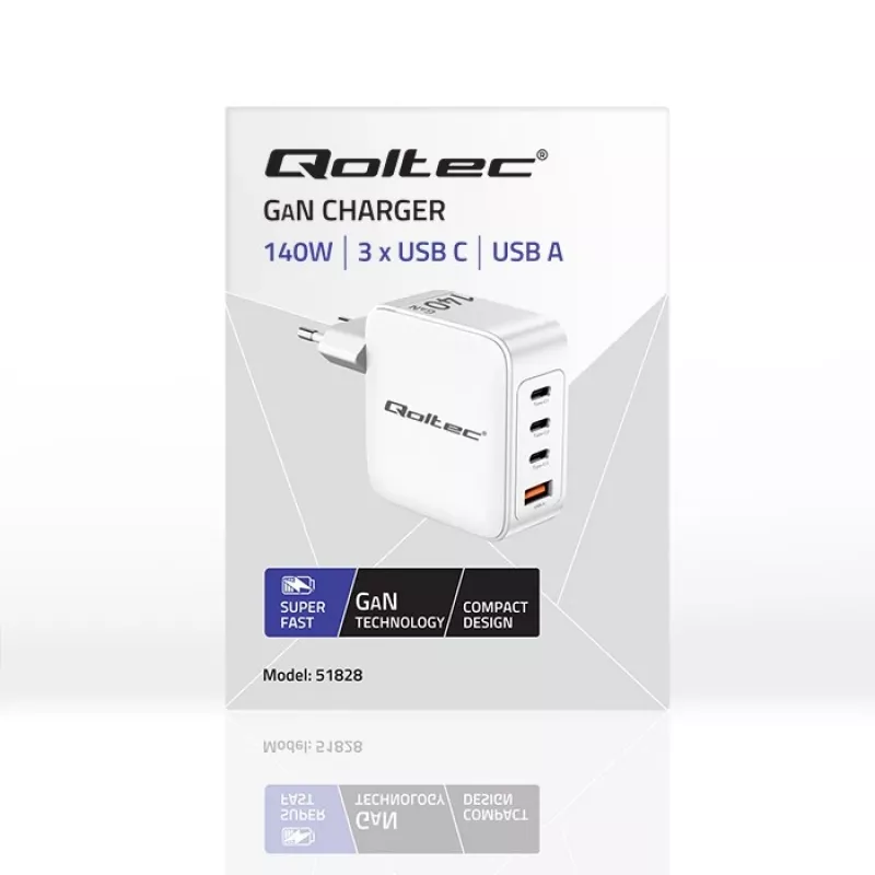 Ladegerät QOLTEC 51828 140W GaN 3×USB‑C PD + 1×USB‑A QC 3.0 – Multiport-Schnellladegerät