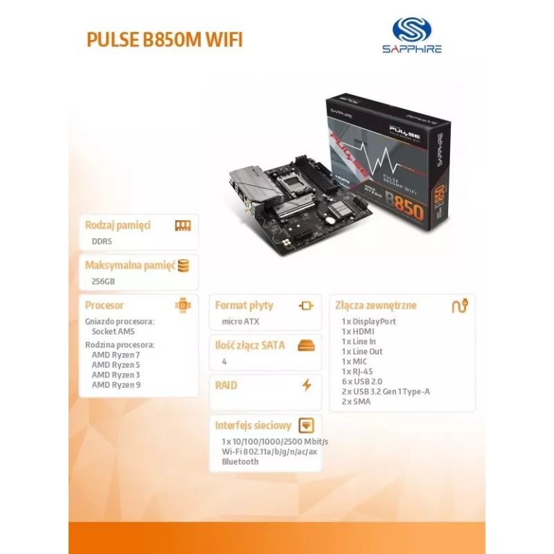 Motherboard Sapphire PULSE B850M WIFI — AMD B850 micro ATX, Sockel AM5, DDR5 bis 7600 MHz, 4 DIMM, 192 GB, Wi‑Fi 6, 2.5GbE