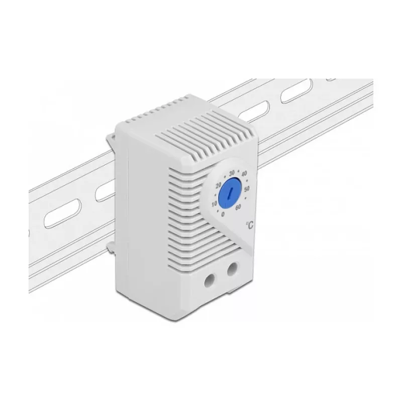 Thermostat DELOCK 66823, Kunststoffgehäuse IP20, 30 W, 250 V, 10 A, 43×60×33 mm, blau/grau