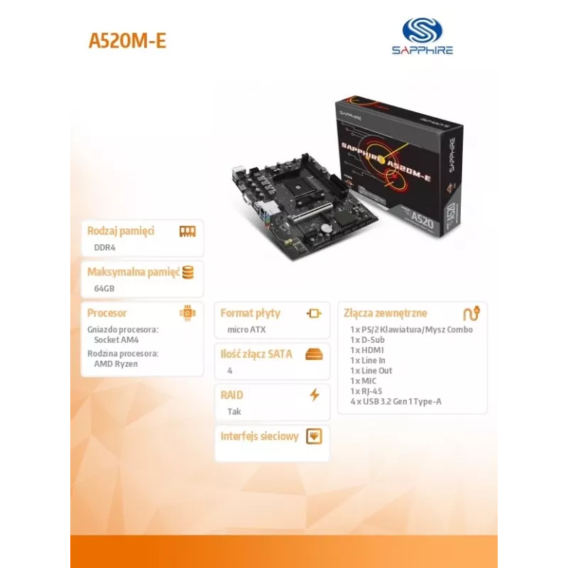 Micro-ATX-Mainboard Sapphire A520M-E für Sockel AM4, AMD A520-Chipsatz, 2x DDR4 DIMM, max. 64 GB, PCIe 3.0 x16/x1, SATA III, Gigabit LAN