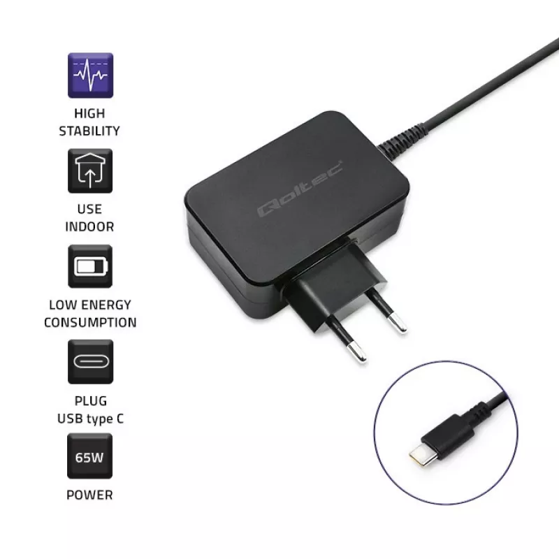 Mobiles Ladegerät QOLTEC 51024 – Universelles AC-Indoor-Ladegerät, 65 W PD, 20 V/3,25 A, 1,2 m Kabel, Schwarz