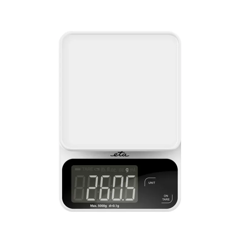 Elektronische Küchenwaage ETA POPI Weiß — max. 5 kg, Genauigkeit 1 g, LCD-Anzeige, AAA-Batterien